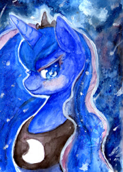 Size: 500x696 | Tagged: safe, artist:scarlet-songstress, princess luna, alicorn, pony, smiling, solo, traditional art, watercolor painting