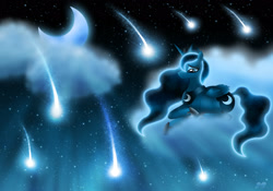 Size: 2589x1811 | Tagged: safe, artist:rose-beuty, princess luna, alicorn, pony, cloud, cloudy, moon, night, prone, shooting stars, solo