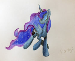 Size: 800x648 | Tagged: safe, artist:frozenpyro71, princess luna, alicorn, pony, dancing, newbie artist training grounds, solo, traditional art, watercolor painting