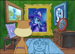 Size: 513x371 | Tagged: safe, derpibooru import, trixie, pony, squirrel, unicorn, bust, crossover, dresser, female, mare, picture frame, portrait, pranks a lot, rug, sandy cheeks, spongebob squarepants, table, trixiebooru