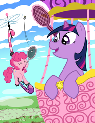 Size: 770x1000 | Tagged: safe, artist:syggie, derpibooru import, pinkie pie, twilight sparkle, earth pony, pony, badminton, balloon, crossover, duo, eyes closed, flying, flying machine, mouth hold, rhythm heaven fever