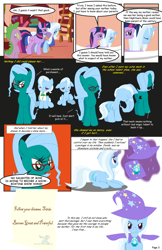 Size: 792x1224 | Tagged: safe, artist:dekomaru, derpibooru import, spike, trixie, twilight sparkle, oc, oc:hazel lulamoon, dragon, pony, unicorn, comic:the greatest gift, cape, clothes, comic, dialogue, eyes closed, female, filly, glasses, hat, lesbian, mare, mother and child, mother and daughter, mouth hold, parent and child, shipping, speech bubble, trixie's cape, trixie's hat, twixie, younger