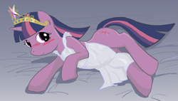 Size: 1027x583 | Tagged: safe, artist:seidouryu, derpibooru import, twilight sparkle, unicorn twilight, pony, unicorn, apron, blushing, clothes, element of magic, female, looking at you, lying down, mare, naked apron, on side, smiling, solo