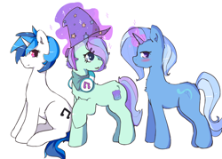 Size: 2834x2032 | Tagged: safe, artist:fluffleduckle, derpibooru import, dj pon-3, trixie, vinyl scratch, oc, oc:berry snack, pony, unicorn, blushing, clothes, dj lulamoon, female, hat, headphones, lesbian, magic, magical lesbian spawn, mare, offspring, parent:trixie, parent:vinyl scratch, shipping, simple background, trixie's hat, white background