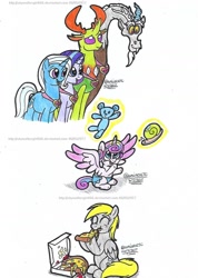 Size: 1024x1440 | Tagged: safe, artist:artistnjc, derpibooru import, derpy hooves, discord, princess flurry heart, starlight glimmer, thorax, trixie, whammy, alicorn, changedling, changeling, draconequus, pegasus, pony, a flurry of emotions, celestial advice, rock solid friendship, eating, eyes closed, female, food, king thorax, magic, mare, nose wrinkle, pizza, pizza box, reformed four, simple background, smiling, teddy bear, telekinesis, toy, traditional art