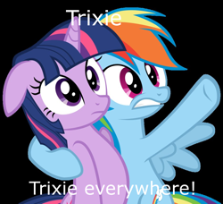 Size: 936x853 | Tagged: safe, derpibooru import, rainbow dash, trixie, twilight sparkle, pegasus, pony, x x everywhere