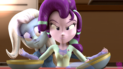 Size: 3840x2160 | Tagged: safe, artist:calliegreen, derpibooru import, starlight glimmer, trixie, all bottled up, equestria girls, 3d, bowl, clothes, equestria girls interpretation, high res, hoodie, scene interpretation, source filmmaker, starlight is not amused, trixie's puppeteering, unamused