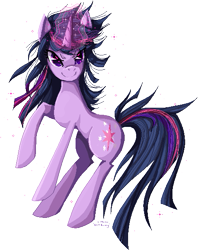 Size: 451x569 | Tagged: safe, artist:felynea, derpibooru import, twilight sparkle, unicorn twilight, pony, unicorn, female, glowing horn, grin, horn, magic, mare, messy mane, smiling, solo