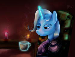 Size: 4096x3072 | Tagged: safe, artist:pdan4, derpibooru import, trixie, pony, unicorn, blue coat, female, horn, mare, solo, tea, two toned mane