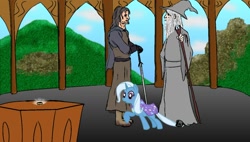 Size: 1366x774 | Tagged: safe, artist:anonimounanime, derpibooru import, trixie, aragorn, crossover, gandalf, lord of the rings