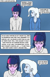 Size: 850x1300 | Tagged: safe, artist:deltalima, derpibooru import, sci-twi, trixie, twilight sparkle, equestria girls, alternate hairstyle, clothes, dialogue, glasses, language