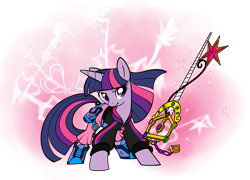 Size: 2305x1657 | Tagged: safe, artist:sakuyamon, derpibooru import, twilight sparkle, pony, clothes, crossover, female, keyblade, kingdom hearts, mare, solo