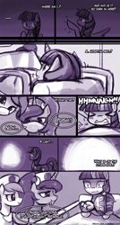 Size: 774x1440 | Tagged: safe, artist:lumineko, nurse redheart, princess luna, twilight sparkle, twilight sparkle (alicorn), alicorn, pony, bedroom eyes, birthing, comic, dream, dreamluna, eyes closed, female, grin, gritted teeth, mare, mind screw, monochrome, not salmon, nurse, self ponidox, shocked, smiling, wat, wide eyes