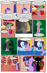 Size: 792x1224 | Tagged: safe, artist:dekomaru, derpibooru import, spike, trixie, twilight sparkle, oc, dragon, pony, unicorn, comic:the greatest gift, bathtub, bed, comic, female, golden oaks library, lesbian, mare, shipping, twixie