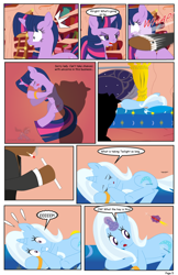 Size: 792x1224 | Tagged: safe, artist:dekomaru, derpibooru import, trixie, twilight sparkle, oc, oc:lock-down, pony, comic:the greatest gift, comic, dart, golden oaks library, magic, punch