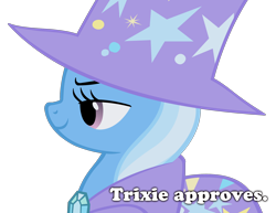 Size: 2048x1585 | Tagged: safe, derpibooru import, trixie, approved, approves, image macro, juxtaposition bait, simple background, solo, transparent background