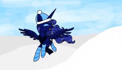 Size: 1558x896 | Tagged: safe, artist:velisap, princess luna, alicorn, pony, clothes, eyes closed, happy, hat, newbie artist training grounds, snow, socks, solo, spread wings