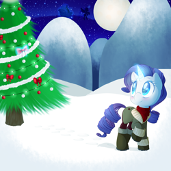 Size: 1024x1024 | Tagged: safe, artist:drsunnybun, princess luna, rarity, alicorn, pony, unicorn, clothes, magic, moon, raised hoof, sleigh, snow, tree, winter