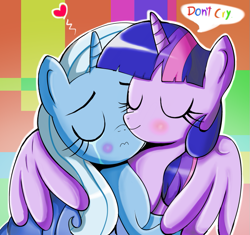 Size: 865x814 | Tagged: safe, artist:the-butch-x, derpibooru import, trixie, twilight sparkle, twilight sparkle (alicorn), alicorn, pony, abstract background, blushing, crying, female, heart, lesbian, mare, shipping, twixie, winghug