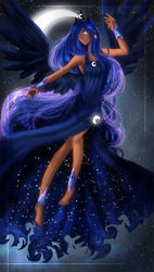 Size: 1915x3377 | Tagged: safe, artist:zaameen, princess luna, human, barefoot, clothes, dress, feet, humanized, moon, nail polish, solo, winged humanization