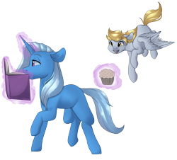 Size: 4000x3619 | Tagged: safe, artist:rue-willings, derpibooru import, derpy hooves, trixie, pegasus, pony, book, female, flying, food, magic, mare, muffin, simple background, telekinesis, transparent background