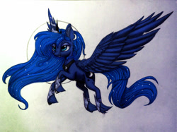 Size: 1024x765 | Tagged: safe, artist:runettamontbelle, princess luna, alicorn, pony, ear fluff, moon, solo, spread wings, unshorn fetlocks