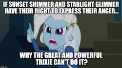 Size: 896x500 | Tagged: safe, derpibooru import, edit, edited screencap, screencap, trixie, equestria girls, rainbow rocks, grammar error, image macro, meme, solo, trixie yells at everything