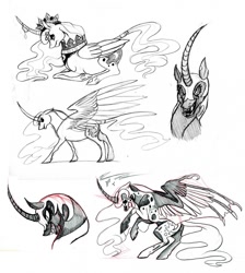 Size: 1145x1280 | Tagged: safe, artist:cespuglia2008, nightmare moon, princess luna, alicorn, pony, curved horn, fangs, monochrome, sketch dump