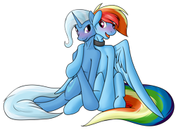 Size: 3294x2472 | Tagged: safe, artist:diction, derpibooru import, rainbow dash, trixie, pegasus, pony, unicorn, blushing, collar, female, hug, lesbian, mare, open mouth, shipping, simple background, story in the source, transparent background, trixdash