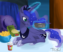 Size: 1300x1072 | Tagged: safe, artist:the88cherryice, princess luna, alicorn, parasprite, pony, bed, french fries, gamer luna, hay burger, magic, prone, solo