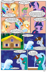 Size: 792x1224 | Tagged: safe, artist:dekomaru, derpibooru import, applejack, rainbow dash, spike, trixie, twilight sparkle, oc, oc:comet shine, oc:hazel lulamoon, dragon, earth pony, pegasus, pony, unicorn, comic:the greatest gift, black eye, comic, derp, female, magic suppression, male, mare, stallion