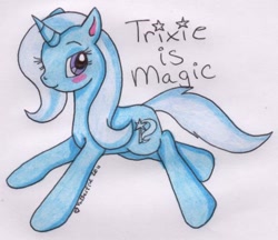 Size: 464x400 | Tagged: safe, artist:littlemisskate, derpibooru import, trixie, pony, unicorn, female, mare, simple background, smiling, solo, traditional art, white background