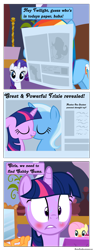 Size: 1485x4000 | Tagged: safe, artist:navitaserussirus, derpibooru import, applejack, fluttershy, rainbow dash, rarity, trixie, twilight sparkle, earth pony, pegasus, pony, unicorn, blushing, comic, female, gabby gums, kissing, lesbian, lip bite, newspaper, shipping, twixie