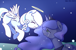 Size: 1000x666 | Tagged: safe, artist:joyfulinsanity, princess luna, oc, oc:snowdrop, alicorn, pony, crying, dead, duo, eyes closed, feels, flying, halo, immortality blues, night, night sky, smiling