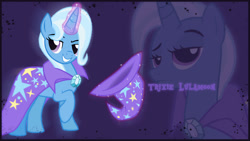 Size: 1920x1080 | Tagged: safe, artist:mrpibb-93, artist:the smiling pony, artist:tim015, derpibooru import, trixie, pony, unicorn, cape, clothes, female, glowing horn, hat, magic, mare, raised hoof, simple background, smiling, solo, telekinesis, trixie's cape, trixie's hat, vector, wallpaper, zoom layer