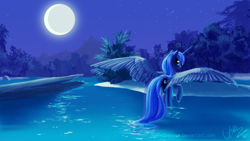 Size: 2560x1440 | Tagged: safe, artist:joellethenose, princess luna, alicorn, pony, 3/4 view, female, looking at you, looking back, looking back at you, mare, moon, night, outdoors, raised hoof, signature, sky, solo, spread wings, stars, tree, wallpaper, water, wet, wet mane