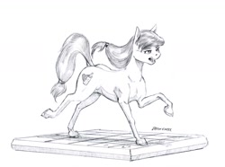 Size: 1400x1042 | Tagged: safe, artist:baron engel, derpibooru import, oc, oc only, oc:cream heart, earth pony, pony, cutie mark, dance dance revolution, dancing, female, grayscale, hoers, mare, milf, monochrome, mother, open mouth, pencil drawing, rhythm game, simple background, solo, traditional art, white background