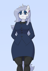 Size: 1344x1960 | Tagged: safe, artist:skecchiart, derpibooru import, oc, oc only, oc:platinum decree, anthro, unicorn, blazer, blue background, businessmare, clothes, ear piercing, earring, eyeshadow, female, garter belt, hands behind back, jewelry, looking at you, looking down, makeup, mare, milf, not impressed, pantyhose, piercing, ribbon, simple background, skirt, skirt suit, solo, suit