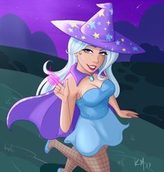 Size: 1000x1050 | Tagged: safe, artist:emberfan11, derpibooru import, trixie, human, breasts, cleavage, clothes, dress, female, fishnet stockings, humanized, magic glow, shooting star, solo, titsie