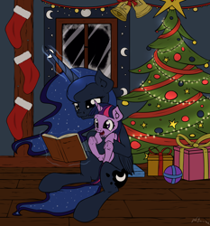 Size: 2800x3000 | Tagged: safe, artist:neko-me, princess luna, twilight sparkle, alicorn, pony, unicorn, book, christmas, cute, fanfic art, filly, filly twilight sparkle, hearth's warming, hug, magic, maternaluna, open mouth, reading, sitting, smiling, telekinesis, twiabetes, underhoof, younger