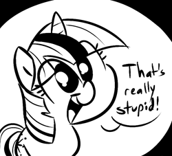 Size: 770x700 | Tagged: safe, artist:tess, derpibooru import, twilight sparkle, pony, unicorn, dialogue, female, monochrome, reaction image, solo