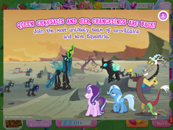 Size: 2048x1536 | Tagged: safe, derpibooru import, discord, queen chrysalis, starlight glimmer, thorax, trixie, changeling, changeling queen, pony, unicorn, to where and back again, female, gameloft, mare, reformed four