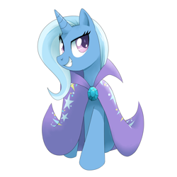 Size: 2000x2000 | Tagged: dead source, safe, artist:30clock, derpibooru import, trixie, pony, unicorn, cape, clothes, colored pupils, female, looking at you, mare, missing accessory, pixiv, simple background, smiling, solo, trixie's cape, white background