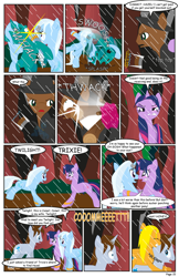 Size: 792x1224 | Tagged: safe, artist:dekomaru, derpibooru import, trixie, twilight sparkle, oc, oc:comet shine, oc:hazel lulamoon, oc:honey cluster, oc:lock-down, pegasus, pony, unicorn, comic:the greatest gift, comic, female, fight, lesbian, magic, magic suppression, male, mare, shipping, stallion, twixie, wet mane