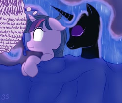 Size: 950x800 | Tagged: safe, artist:bb, derpibooru import, nightmare moon, twilight sparkle, :t, bed, blanket, eyes closed, female, floppy ears, lesbian, on side, shipping, sleeping, smiling, thought bubble, twimoon, wide eyes