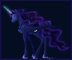 Size: 1094x909 | Tagged: safe, artist:solstjarn, princess luna, alicorn, pony, glowing horn, looking back, smiling, solo