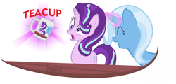 Size: 1280x615 | Tagged: safe, artist:uliks-uliks, derpibooru import, starlight glimmer, trixie, pony, unicorn, coffee mug, female, glowing horn, magic, mare, mug, simple background, that pony sure does love teacups, vector, white background