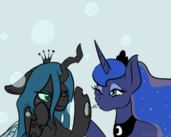 Size: 1000x800 | Tagged: safe, artist:celestialoddity, princess luna, queen chrysalis, alicorn, changeling, changeling queen, pony, blowing, bubble, wink