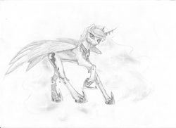 Size: 1280x931 | Tagged: safe, artist:thatonegib, princess luna, alicorn, pony, monochrome, solo, traditional art