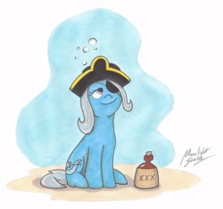 Size: 1570x1470 | Tagged: safe, artist:moonlightscribe, derpibooru import, trixie, pony, unicorn, alcohol, drunk, eyepatch, female, hat, mare, pirate, smiling, solo, the great and alcoholics trixie, traditional art